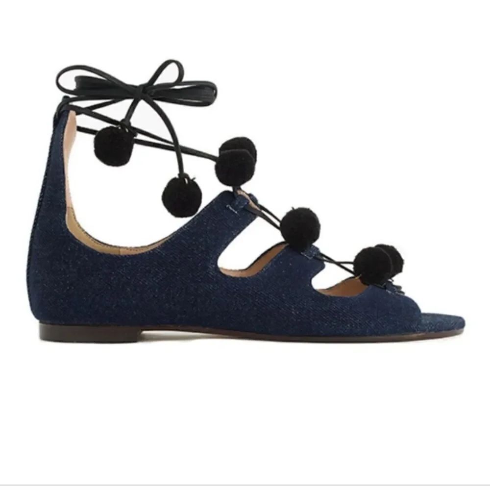 J. Crew Darkwash Denim Caged Gladiator Sandals with Pom-poms lace up